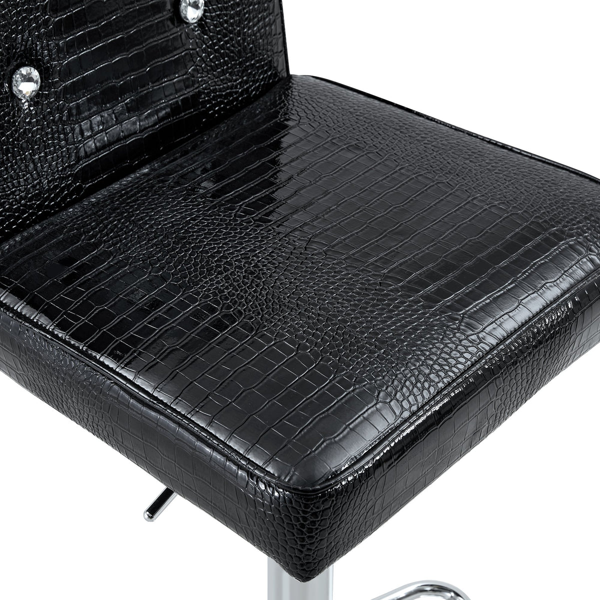 A set of 2 black vintage crocodile leather lift bar chairs, featuring crystal clasp design and synthetic leather design, adding a touch of elegance and mystery to the dining area