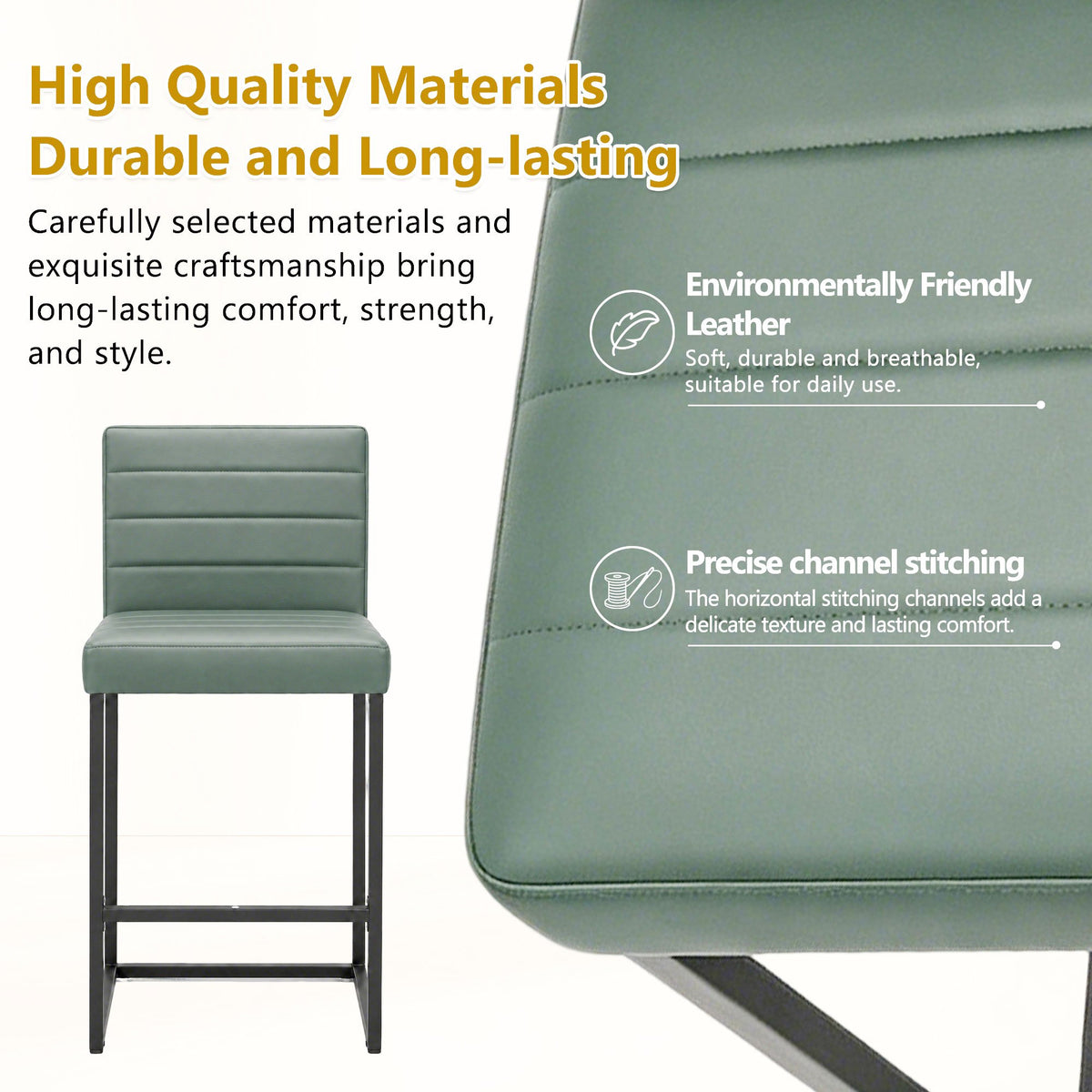 25.6 Inch Counter Height Bar Stools Set of 2 with PU Cushion and Back Modern Bar Chairs for Kitchen Island Counter with Metal Leg for Restaurant Dining Room Office, Green and Black.W2920P462102