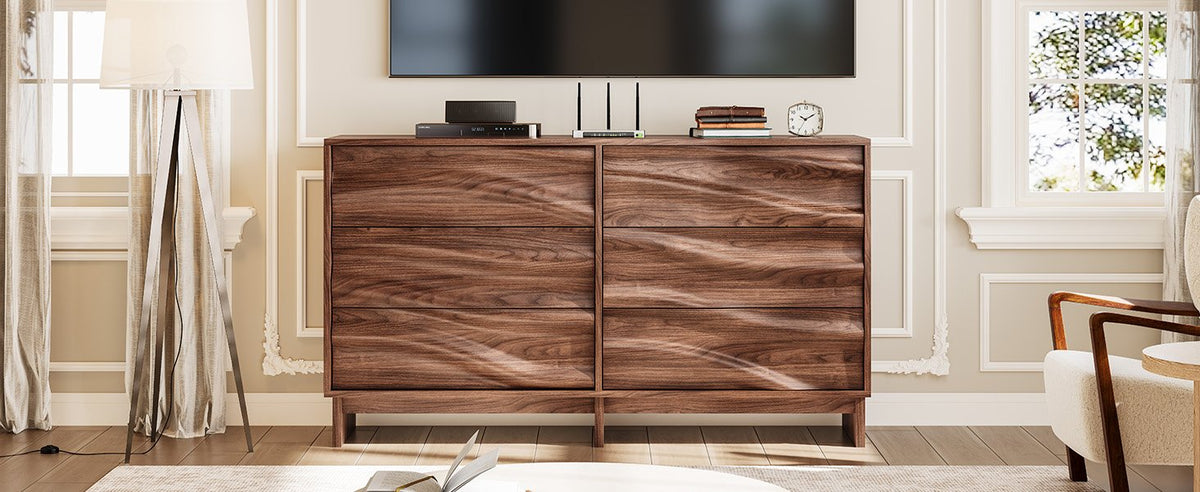 59.1" Buffet Sideboard with 6 Drawers, Walnut Finish with Wave Grain Texture, Farmhouse Storage Cabinet for Dining Room Living Room Hallway, Large Space Accent Furniture, Easy Assembly