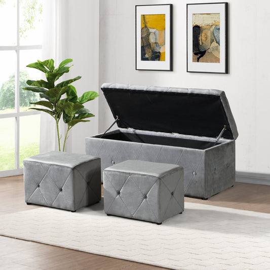 1 Piece Rectangular Storage Ottoman Short velvet with 2 Set Ottomans - Light Gray