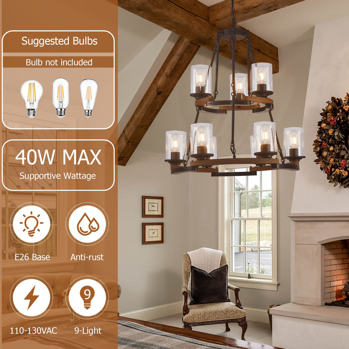 9-Light Vintage Wagon Wheel Chandelier, Rustic Farmhouse Black Wood Ceiling Light, Adjustable Height for Dining Room Living Room Entryway Kitchen