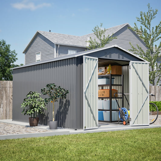 8 x 12 FT Outdoor Storage Shed, Large Metal Tool Storage with Aluminium Frame and Lockable Doors, Grey