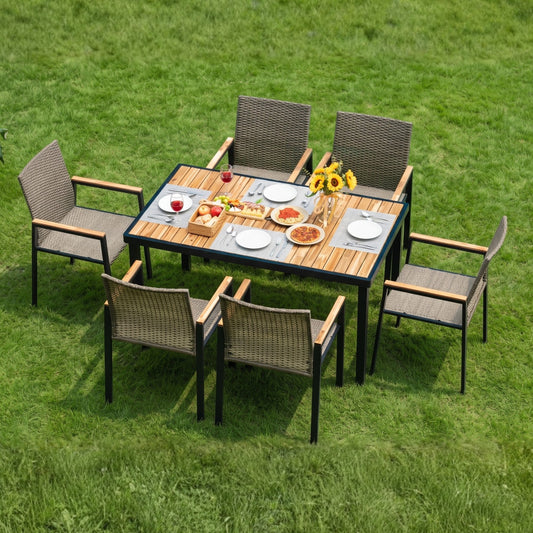 All Weather 7-Piece Patio Dining Table Sets, Patio Conversation Set Acacia Wood Table Top with Umbrella Hole, Rattan Outdoor