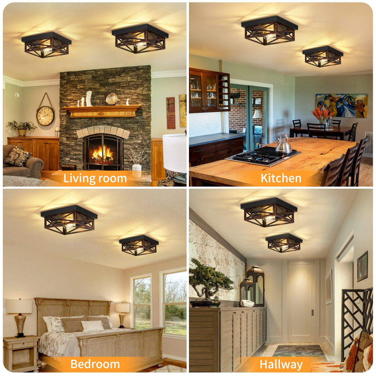 2 Pack 2-Light Matte Bronze Farmhouse Square Flush Mount Ceiling Light, Vintage Hollow Geometric Iron Cage Ceiling Lamp, Industrial Close to Ceiling Lighting for Dining Room(No light bulb)