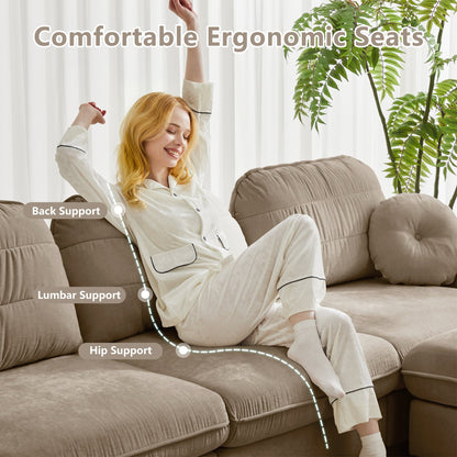 105'Chenille Cloud 3-Seater Sofa,Exquisite round pillows and quilted back cushions,Recessed Base Frame Legs,Ergonomic Design Bottom,Easy Assembly,Deep Seat Sofa Couch For Living Room,Light coffee