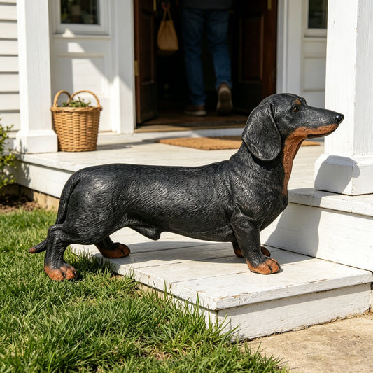 26''Black and Tan Dachshund Statue, Realistic Life Size Wiener Dog Figurine, Resin Puppy Sculpture for Outdoor Patio Yard Deck Lawn Home Backyard Garden Decor, Cute Dog Ornament Gift for Dog Lovers