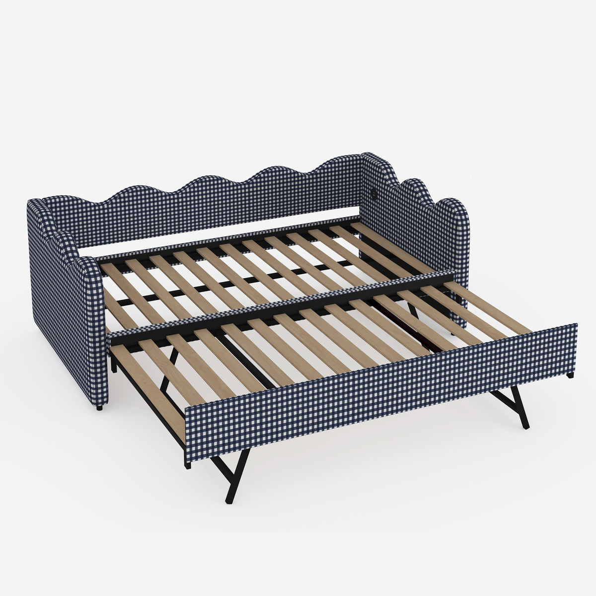 2 in 1 Convertible Sofa Bed, Plaid Fabric Couch Bed with USB Port, Triple Reinforced Frame, Solid Wood Slats, Noise-Free & Anti-Sagging, Space Saving Furniture for Small Space, Kids Room, Guest Room