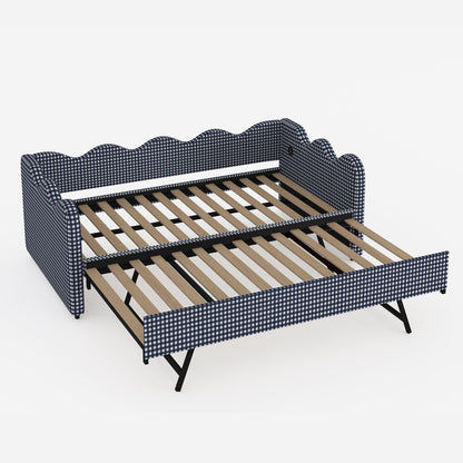 2 in 1 Convertible Sofa Bed, Plaid Fabric Couch Bed with USB Port, Triple Reinforced Frame, Solid Wood Slats, Noise-Free & Anti-Sagging, Space Saving Furniture for Small Space, Kids Room, Guest Room