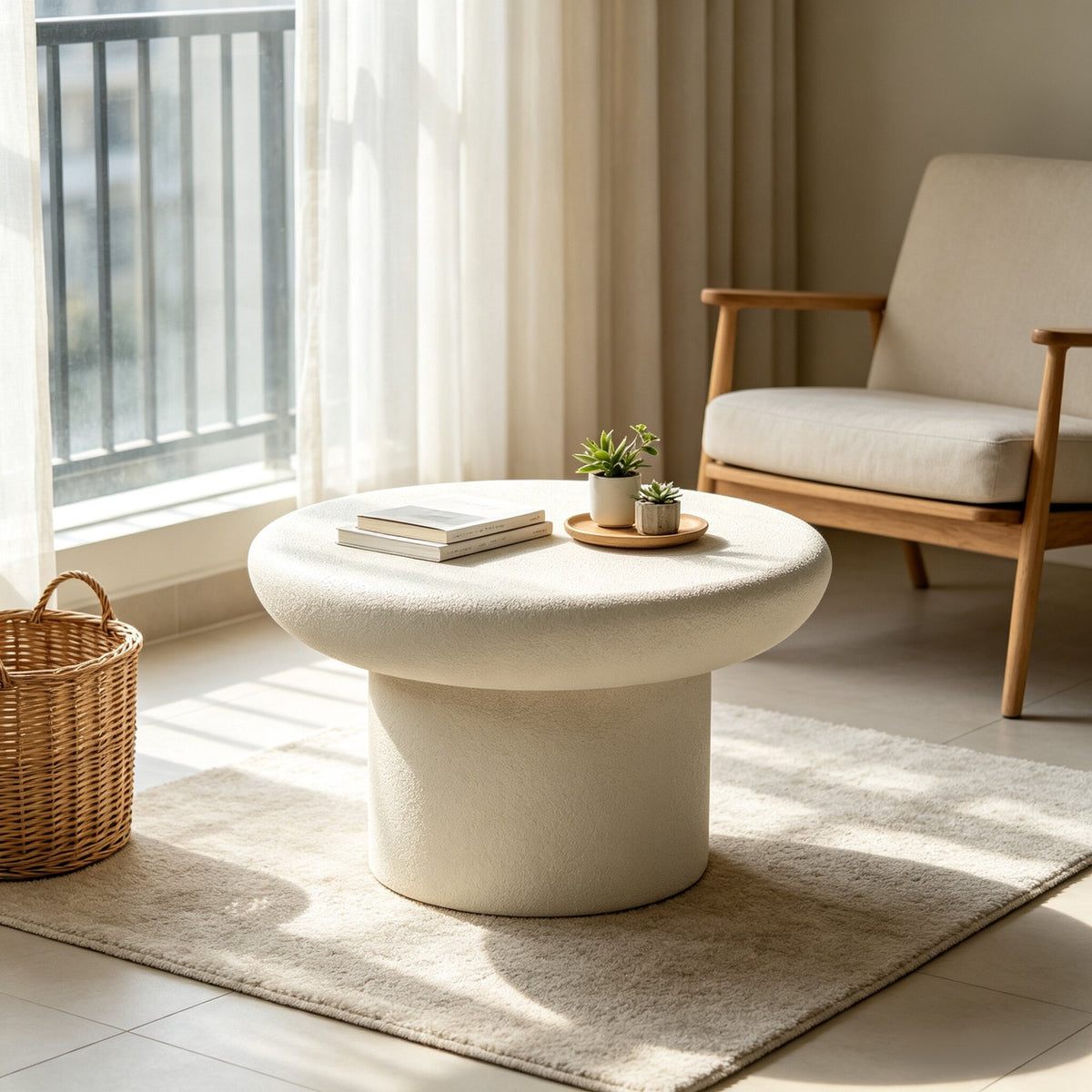 31.50''×31.50''×17.72'' Modern Side Table, Cream Textured Round Mushroom Fiberglass Accent Table for Living Room & Office, No Assembly Required.