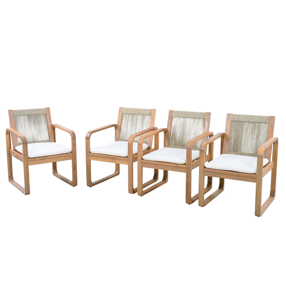 2-Piece Outdoor Dining Chairs Set: Acacia Wood with Multi Brown Rope Back & Beige Cushion, Water Repellent Fabric, 400 lbs Capacity, Light Teak Finish