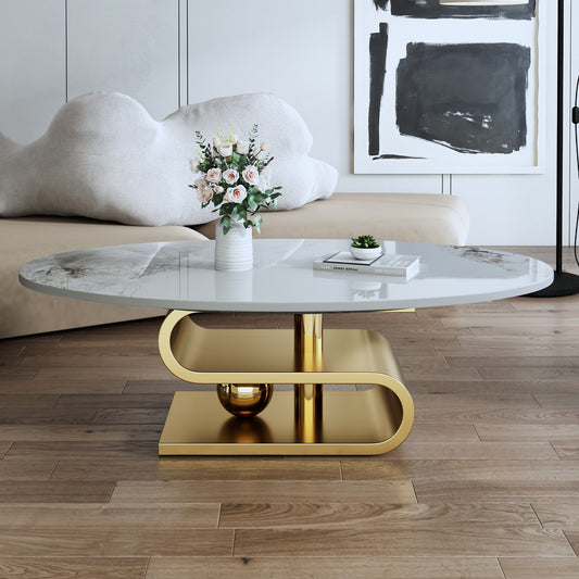 49.2" Contemporary Faux Marble Oval Coffee Table, Stainless Steel Base, Modern Center Table for Living Room
