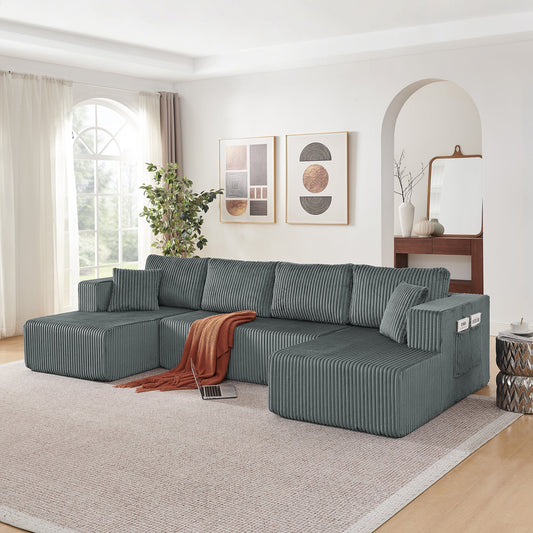 132" U Shaped Modular Sectional Sofa, Comfy Compressed Cloud Couch with Side Pockets, Modern Minimalist Corduroy Memory Foam Sleeper Sofa