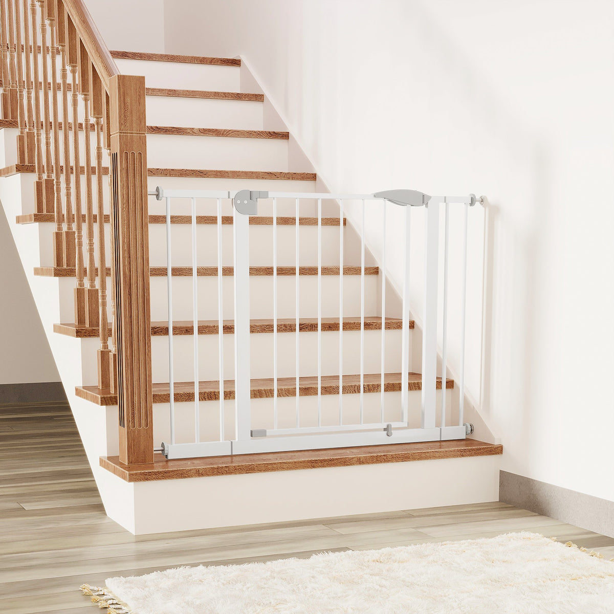 29.5-44.1" Wide Baby Gate for Stairs, Dog Gate Indoor for Doorways, No Drilling Pressure Mounted Pet Gates for Kids, Easy Walk Through Safety Gate, White