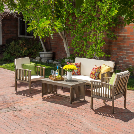 4-Piece Outdoor Chat Set with Water Resistant Cushion and Wood Frame, Cream and Grey
