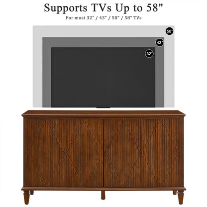 58" Mid Century Modern TV Stand, Wood Storage Cabinet with Carved Geometric Doors, 4 Door Media Console, Sideboard Buffet Cabinet for Living Room, Dining Room, Entryway 
WLRR