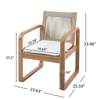 2-Piece Outdoor Dining Chairs Set: Acacia Wood with Multi Brown Rope Back & Beige Cushion, Water Repellent Fabric, 400 lbs Capacity, Light Teak Finish