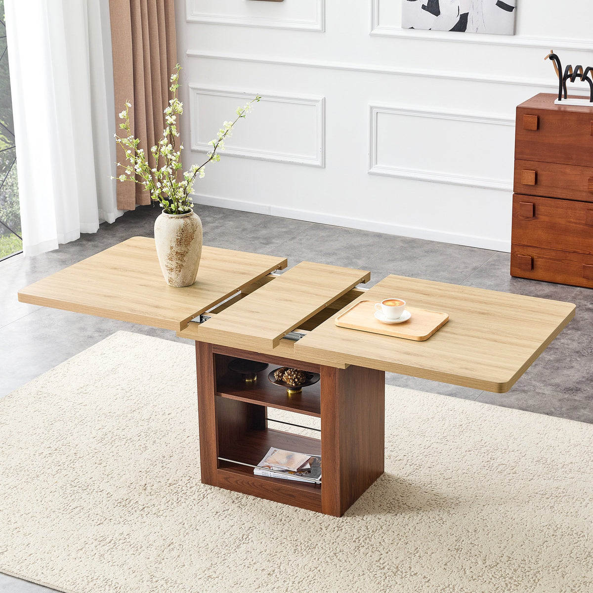 An expandable dining table with storage space