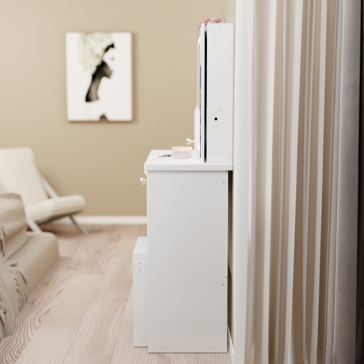 29.2" Small Space Left Drawer Desktop Vanity Table + Cushioned Stool, Extra Large Right sliding mirror, Multi Layer High Capacity Storage – Model W3258P299609