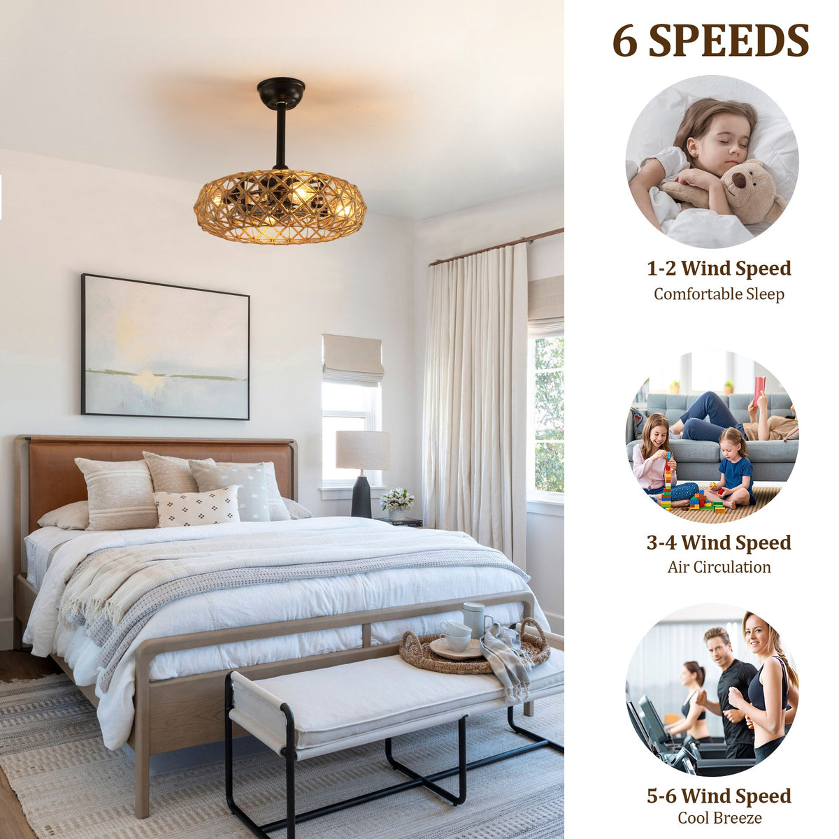 19" Hemp Rope Woven Ceiling Fan with 4 bulbs, Dimmable, 7 Blades, Reversible DC motor.