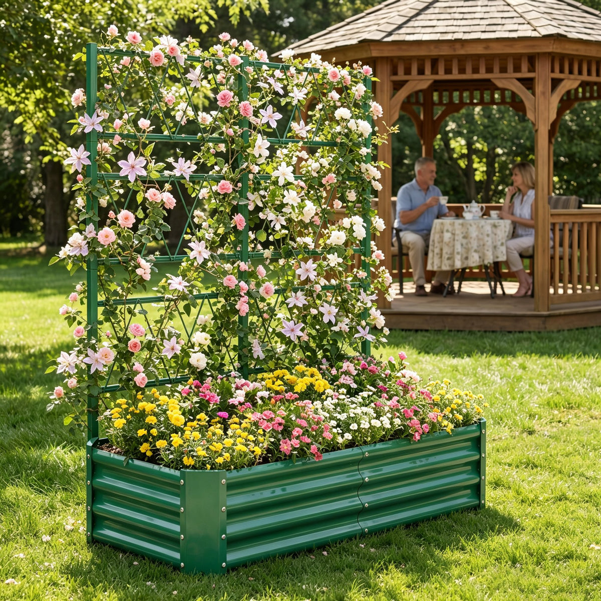 4x2x1FT Galvanized Raised Garden Bed with Arch Trellis for Climbing Vegetables Tomato Cucumber Bean, Heavy Duty Metal Raised Garden Bed Outdoor, Green