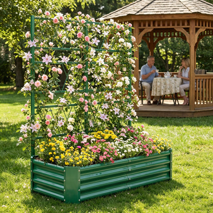 4x2x1FT Galvanized Raised Garden Bed with Arch Trellis for Climbing Vegetables Tomato Cucumber Bean, Heavy Duty Metal Raised Garden Bed Outdoor, Green