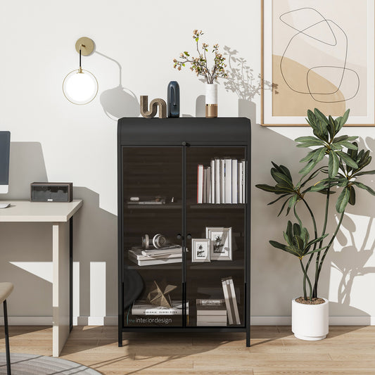 47.6" Tall Metal Storage Cabinet with Glass Doors & Flip-Top, 4-Tier Display Cabinet with Open Shelves, Freestanding Steel Sideboard Buffet for Kitchen, Living Room, Home Office, Dining Room, Bathroom