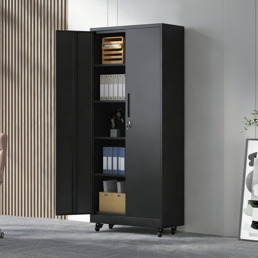 71" H Metal Garage Storage Cabinet with Wheels and Lock, Heavy Duty Rolling Metal Cabinet, 4 Adjustable Shelves (180lb Each)