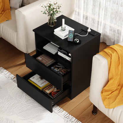 (Set of 2)End Table with Fast USB C Charging Station, Sofa Side Table with 2 Drawers, Large Storage Modern Wood Storage Cabinet, Black