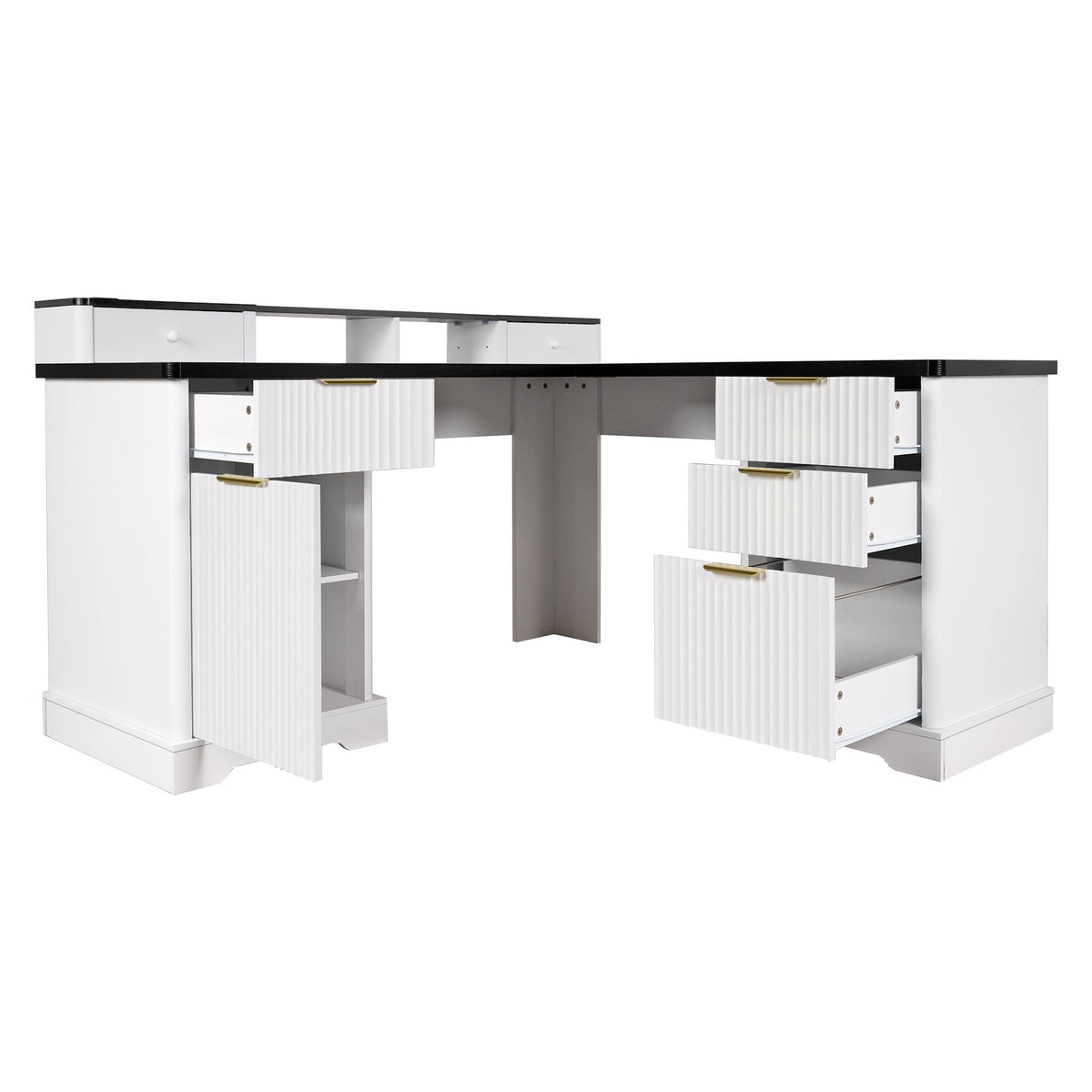 59" Modern Fluted L-Shaped Desk with Charging Station & Storage Cabinet - Home Office Computer Desk with Monitor Stand