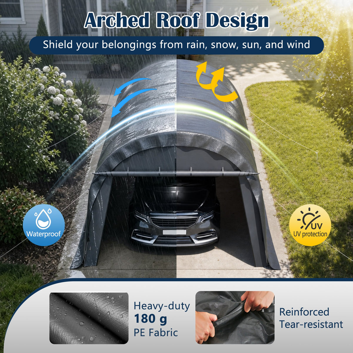 13x20 FT Arched Carport, Heavy Duty Outdoor Garage with Galvanized Steel Frame & 180G PE Tarp, Waterproof & UV Resistant – For Car, SUV, Truck, Boat, Party, Storage