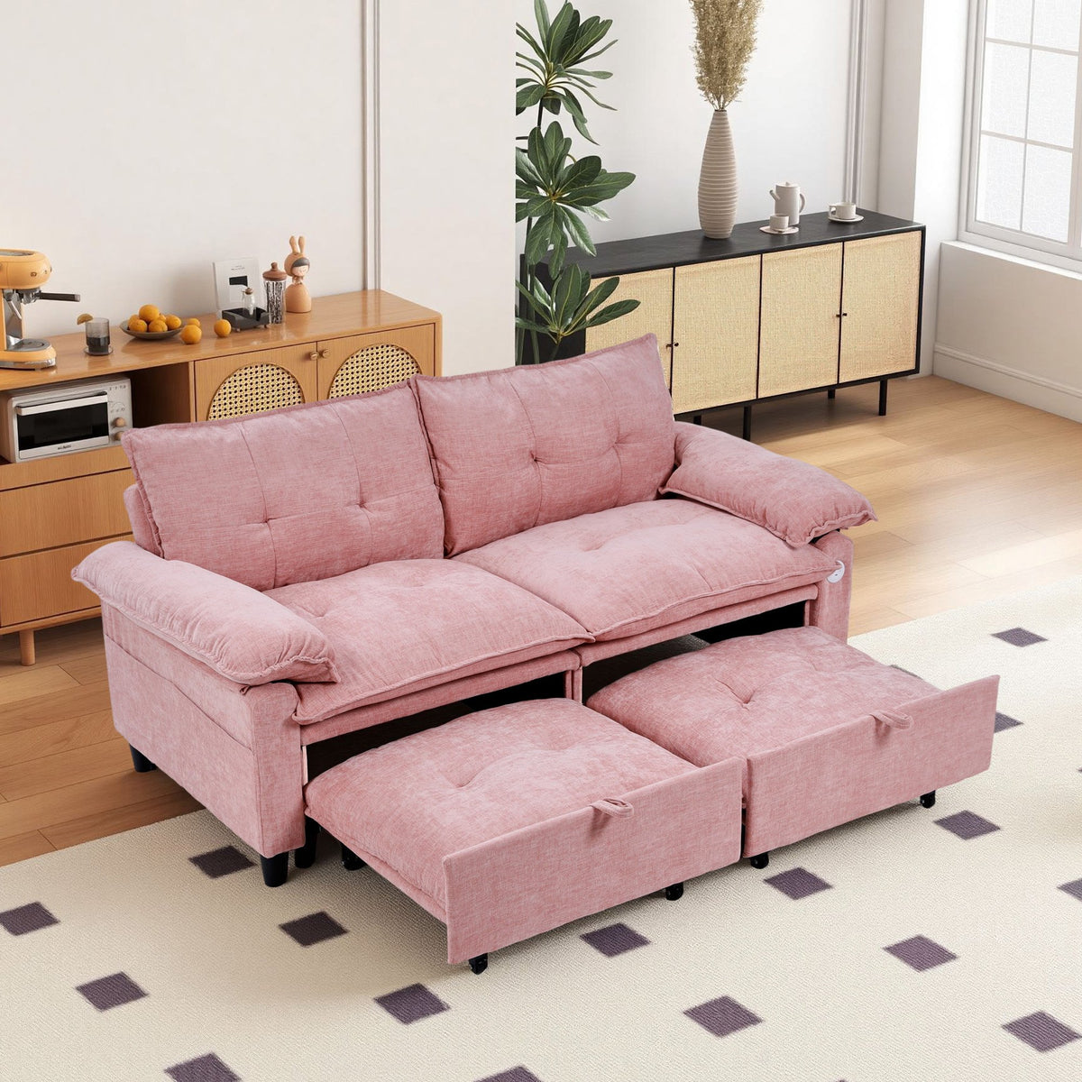 73 inch Pink Velvet Pull Out Sofa Bed Convertible Sleeper Couch with Pullout Mattress