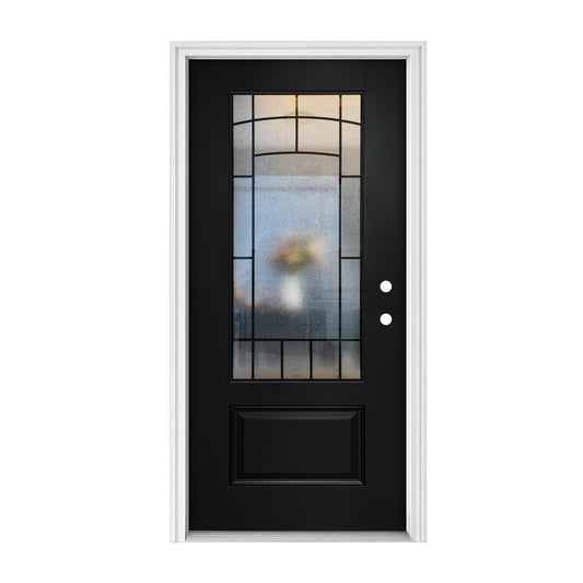 36 x 80 Brush FRP Door,3/4 View Tempered Cloud-Pattern Glass - Classic Style for Home's Front Entrance, Left Hand Inswing, Black Fiber Reinforced Panel Door