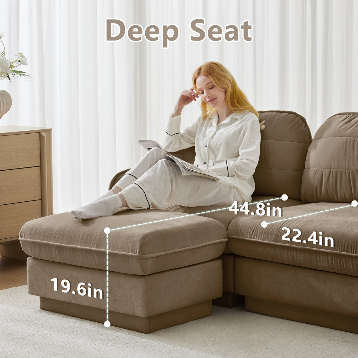105'Chenille Cloud 3-Seater Sofa,Exquisite round pillows and quilted back cushions,Recessed Base Frame Legs,Ergonomic Design Bottom,Easy Assembly,Deep Seat Sofa Couch For Living Room,Light coffee