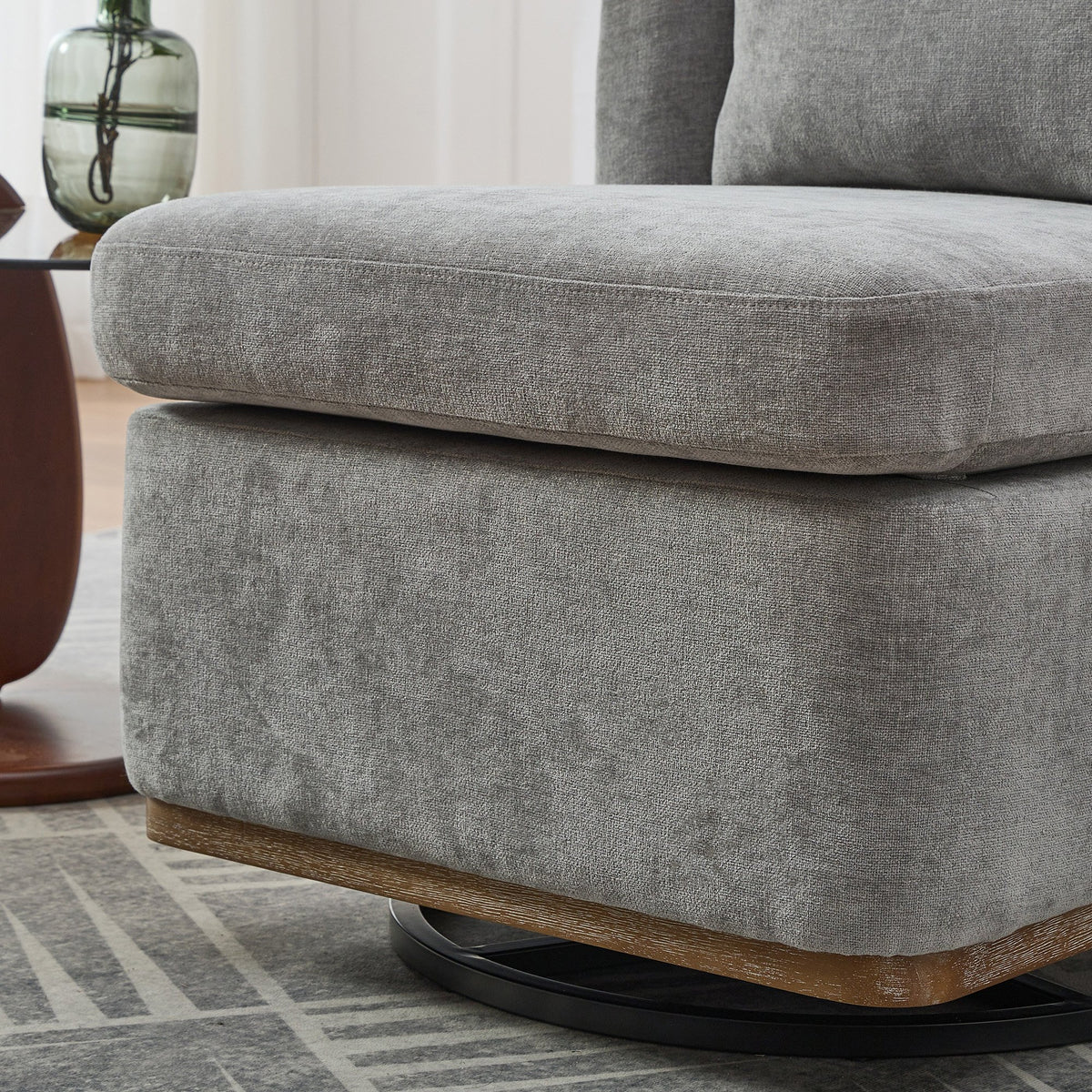 25.2 "Wide Modern Chenille Cushioned Armless Metal Base 360° Swivel Chair with Pillow, Suitable for Living Room, Family Room, Bedroom, Lounge Area, Office.  Grey