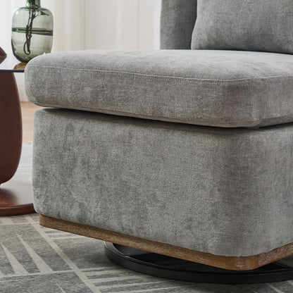 25.2 "Wide Modern Chenille Cushioned Armless Metal Base 360° Swivel Chair with Pillow, Suitable for Living Room, Family Room, Bedroom, Lounge Area, Office.  Grey