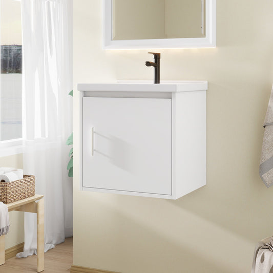 20" Floating Bathroom Vanity, Wall Mounted Plywood Cabinet with Ceramic Sink & Soft-Close Doors for Small Bathrooms, White