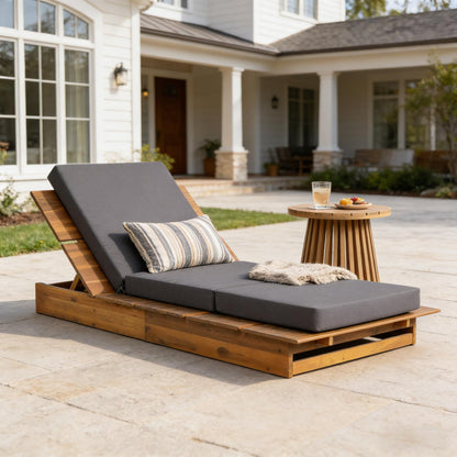 Acacia Wood Chaise Lounge with 4" Thick 3-Fold Dark Gray Movable Cushion – Wide Teak Finish Patio Lounger, 3-Position Recliner, 400 lbs Capacity