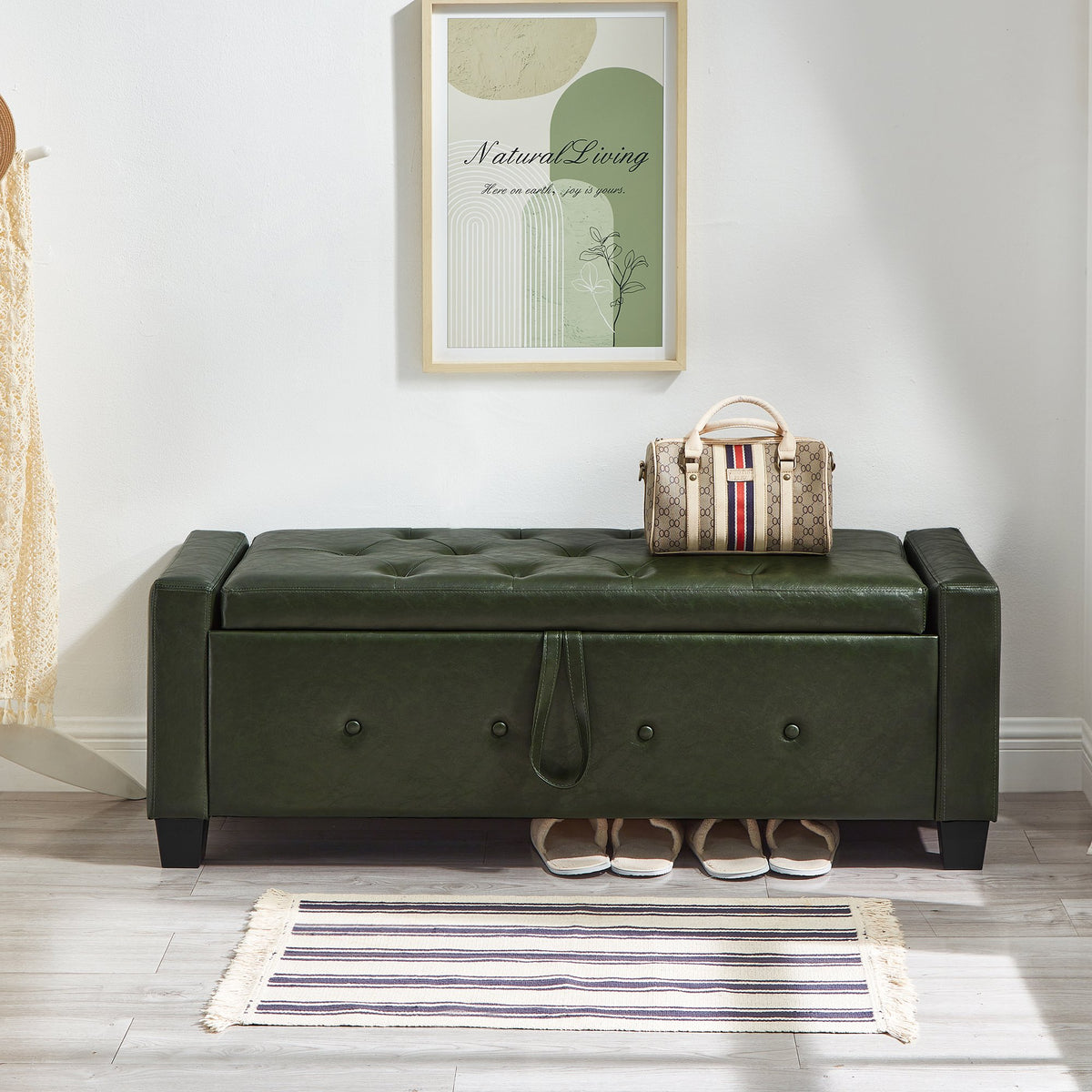 48" Ottoman Bench with Storage, Upholstered Tufted Faux Leather PU Ottoman Dark Green