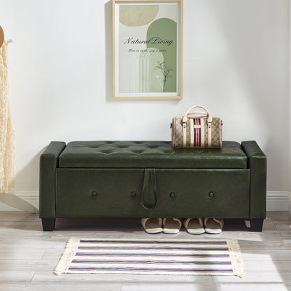 48" Ottoman Bench with Storage, Upholstered Tufted Faux Leather PU Ottoman Dark Green