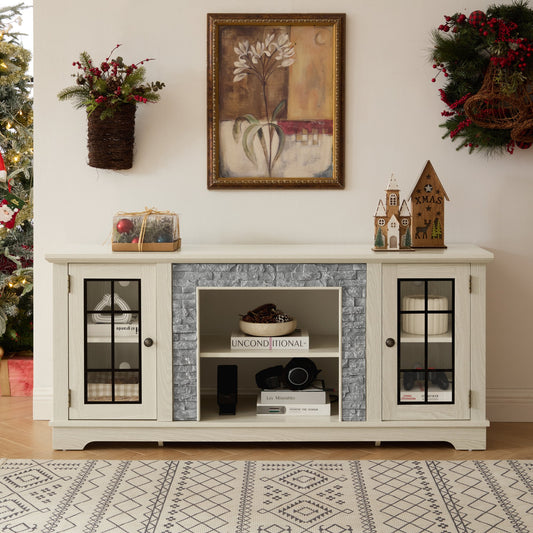 58" Modern TV Stand with 2-Door Storage, Faux Stone Media Console Cabinet, White Large Entertainment Center