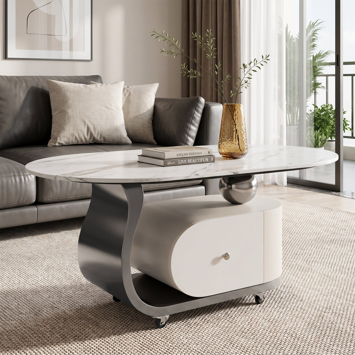 39.4" Sintered Stone End table with Drawer, Stainless Steel Base & 4 Lockable Casters, Modern Mobile Oval Coffee Table for Living Room, Easy Assembly (Gray)