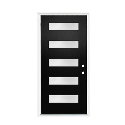 36"x80" Fiberglass Front Door with White 4-9/16" PVC Frame,Left-Hand Inswing Exterior Door with Brickmould,Contemporary minimalist brushed smooth skin with frosted glass for Home Entrance, Black
