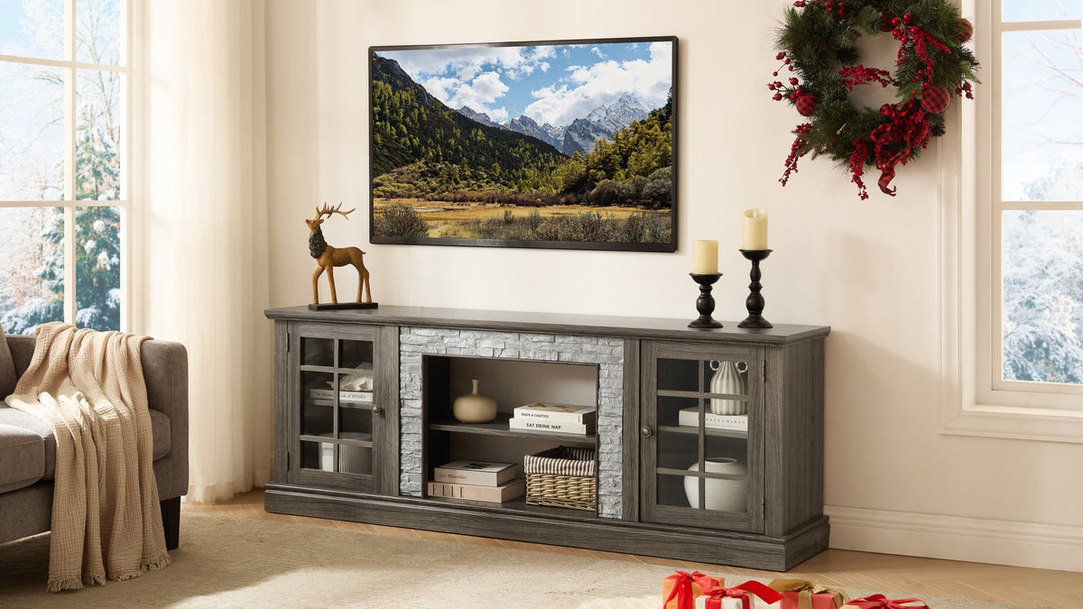 70" Modern TV Stand with 2-Door Storage, Faux Stone Media Console Cabinet, Grey Large Entertainment Center