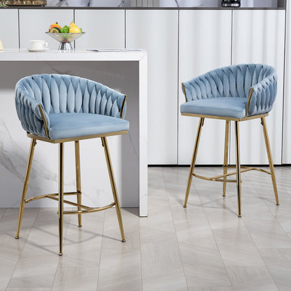26'' Counter height bar stools Set of 2 kitchen island counter bar stool with hand- wave back, golden chromed base and footrest - Blue