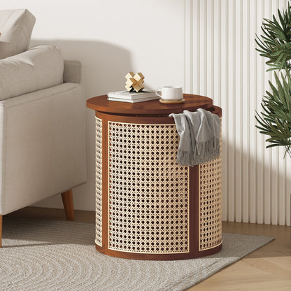 15.70" Round End Table, Hollow Woven Side Table, Small Rubber Wood Nightstand, Rattan Woven Tea Desk, Round Wood Tabletop, Chic Home Decor Desk, Easy Assembly, Dark Brown Color