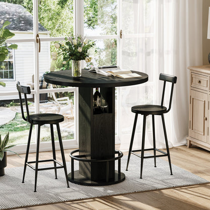 3-Piece Bar Table and Stool Set 31.5-inch round bar table with two stools Compact wooden dining bar with metal ring footrest Ideal, cafes – Black