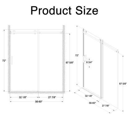 56-60" W x 72" H Frameless Sliding Shower Door, 5/16" Thick SGCC Tempered Clear Glass, Double Side Easy Clean Coat – Black