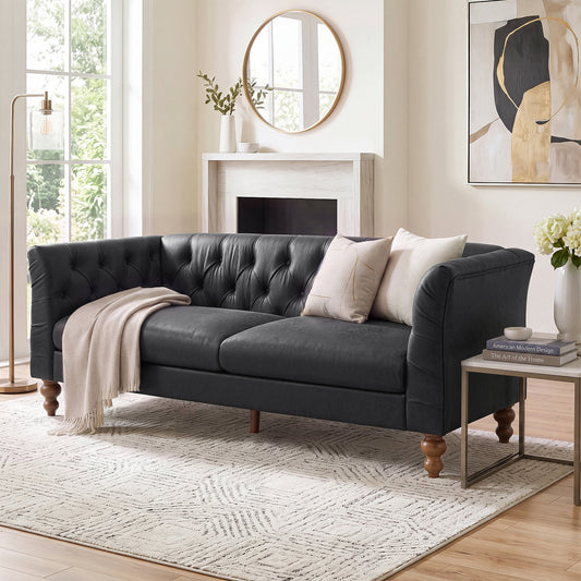 73.5'' Chesterfield Sofa PU Upholstered Couch with Flared Arms, Tufted Back & Walnut Rubberwood Legs Multi Cushion Seat Sofa for Living Room and Home Lounge, Black