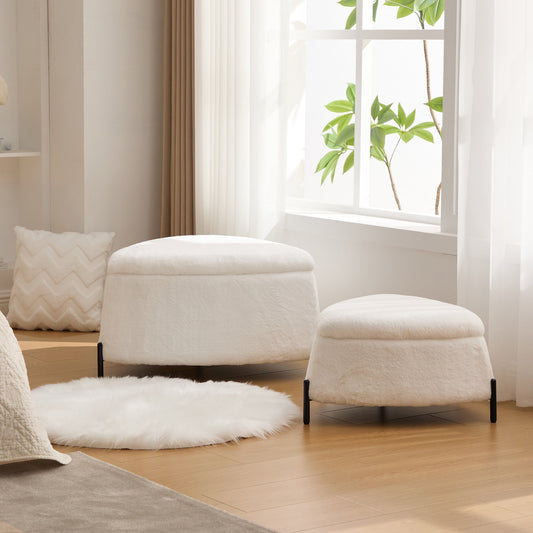 29.9"Wide 2 - Piece Upholstered Storage Ottoman Set Footrest Shoe Changing Stool with Metal Legs,Faux Fur Foot Stool Coffee Side Table With Reversible Lid for Living Room Bedroom Entryway. Ivory