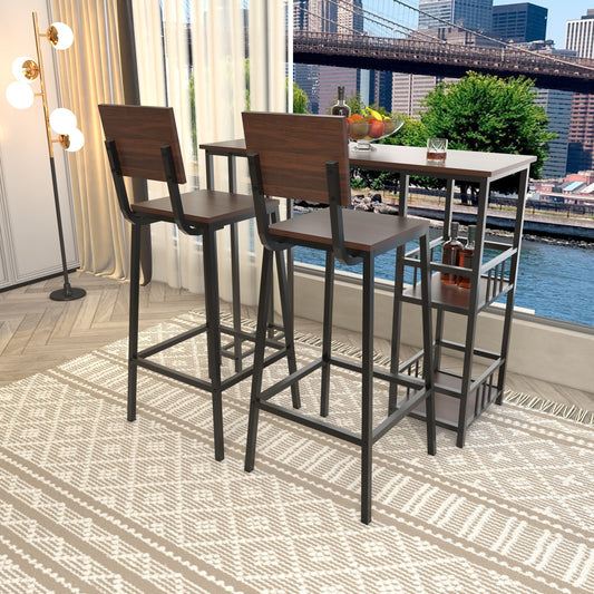 3 Piece Counter Height Bar Table Set with 2 Backrest Bar Stools, Rectangular Pub High Table with 2-Tier Side Storage Shelves, Industrial Wood Grain Bar Furniture for Balcony Kitchen Small Home Bar